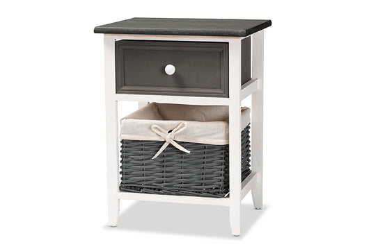 Baxton Studio Shadell Modern Transitional Two-Tone Dark Grey and White Finished Wood 1-Drawer Storage Unit with Basket