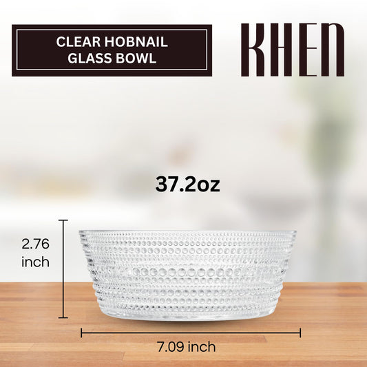 Khen Hobnail Glass Bowl Clear Vintage Style Textured Borosilicate - 10 Inch