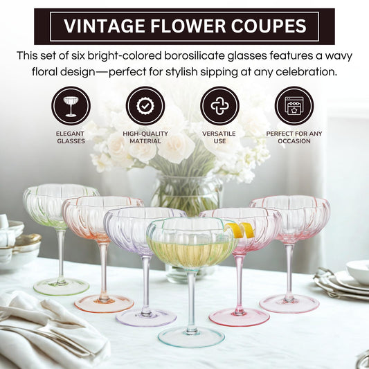 Flower Coupe Cocktail Glasses | Set of 6 | Bright Colors