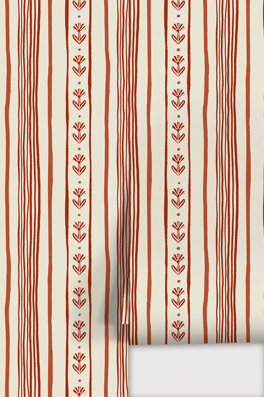Daisy Chain Stripe Wallpaper, beige and brick red