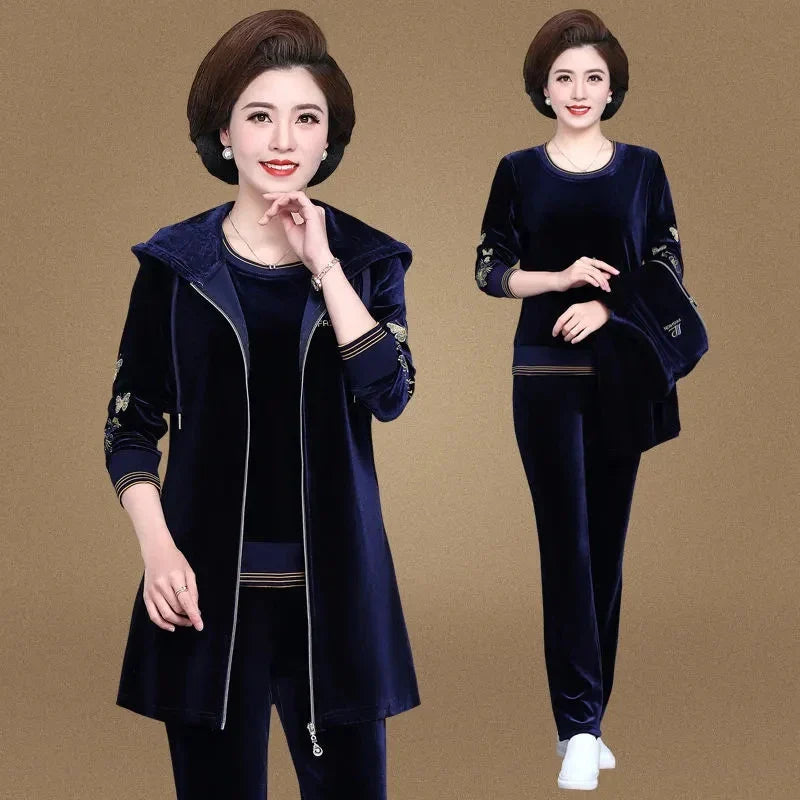 Women Velvet Tracksuit Embroidered Plus Size 3 Piece Outfit