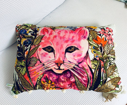 Hand Illustrated Decorative Cat Pillow 14"X20"