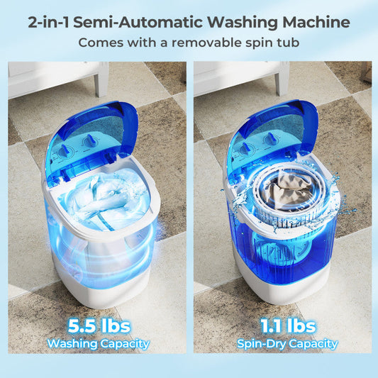 Portable Mini Semi-automatic Washing Machine with Spin Tub and Drain Hose 2.5 kg Capacity