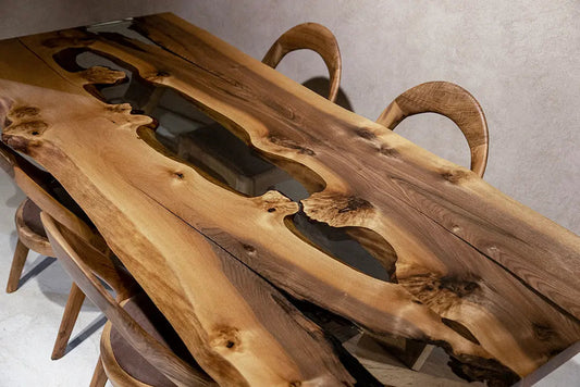 Live Edge Rustic, Epoxy Resin River Dining Room Table Made of Walnut