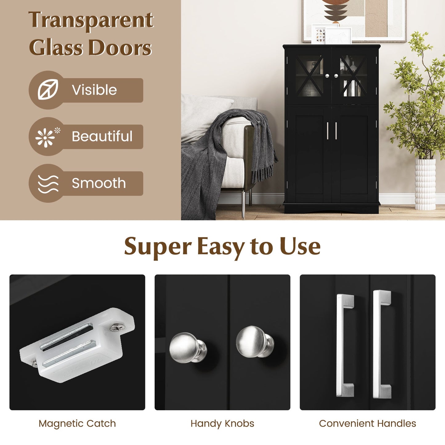 4 Doors Freeestanding Bathroom Floor Cabinet with Adjustable Shelves