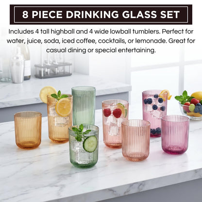 Set of 8 Ribbed Glasses - 4 Highball Glasses & 4 Lowball