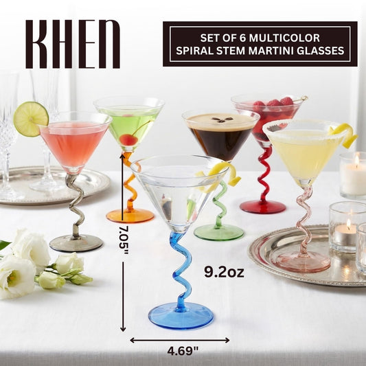 Spiral Stem Martini Glasses Set of 6, 9.2oz 7.05" Multicolor Twisted Base Glass