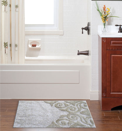 Damask Pattern Bath Rug in Beige & Ivory