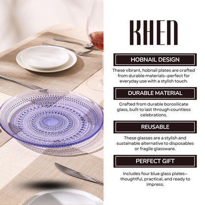 Glass Hobnail Dinner or Charger Plates | Set of 4 | Blue