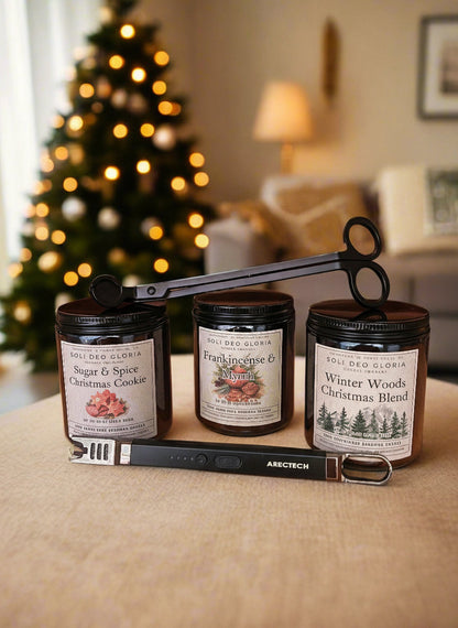 Winter Essentials Beeswax Gift/Starter Set | 3 Seasonal Candles, Wick Trimmer & Lighter
