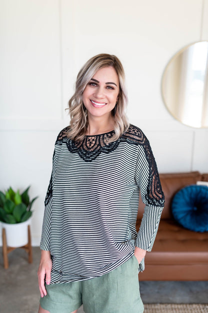 Chasing After You Lace Trim Top In Black & White