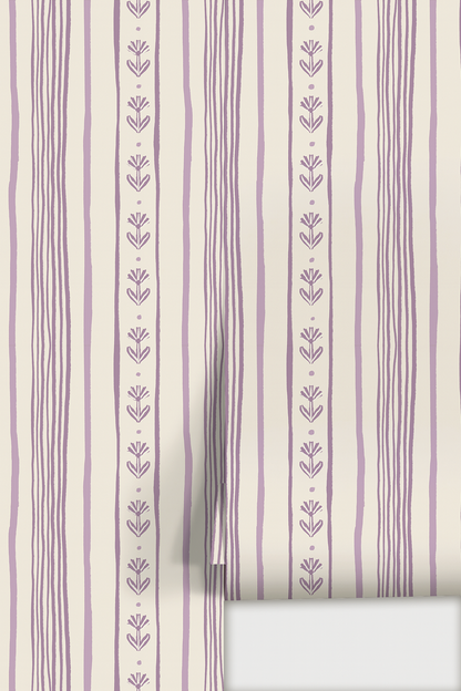 Daisy Chain Stripe Wallpaper, beige and lavender