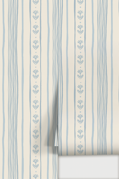 Daisy Chain Stripe Wallpaper, beige and light blue