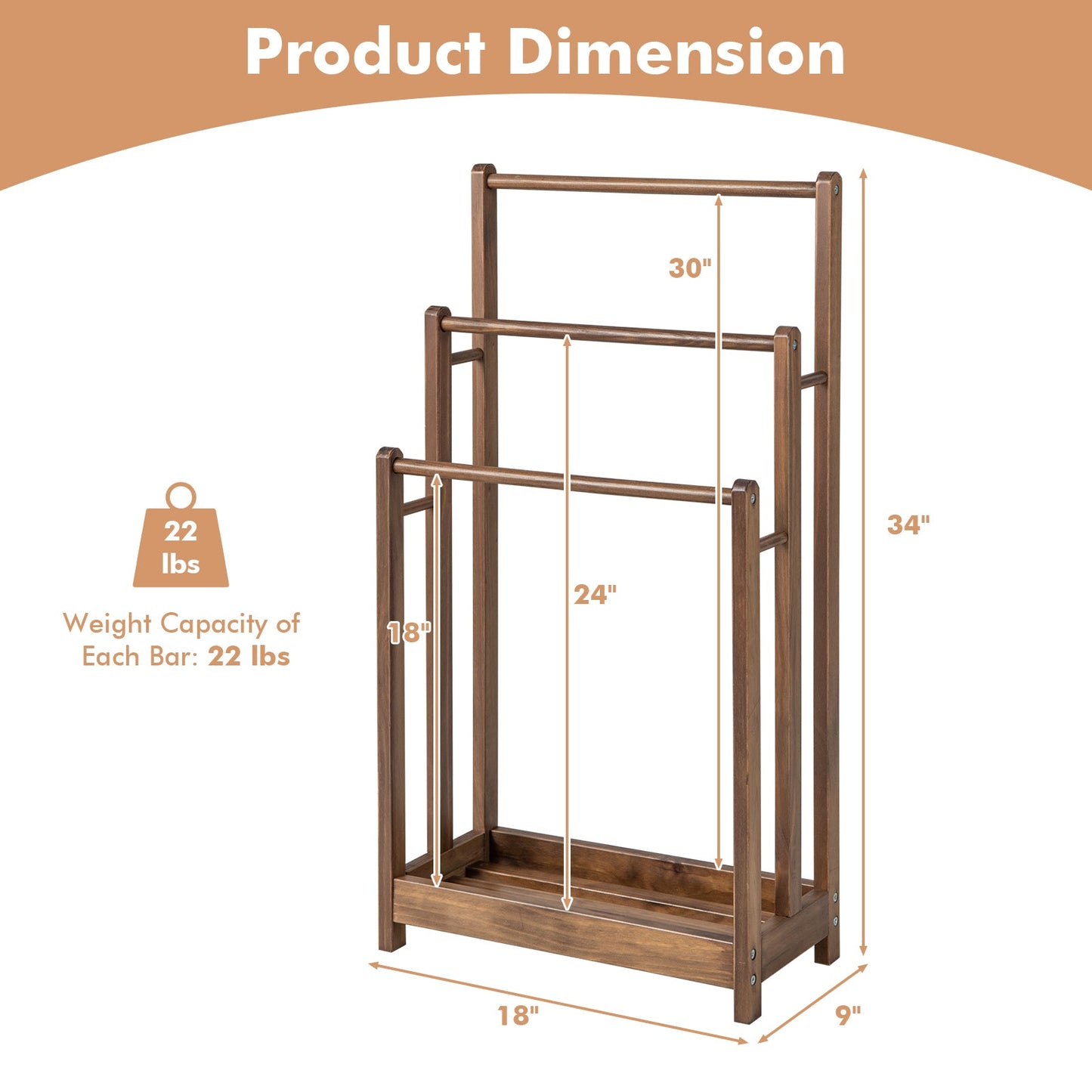 Freestanding Towel Rack 3-Bar Hand Towel Drying Stand with Bottom Storage Shelf