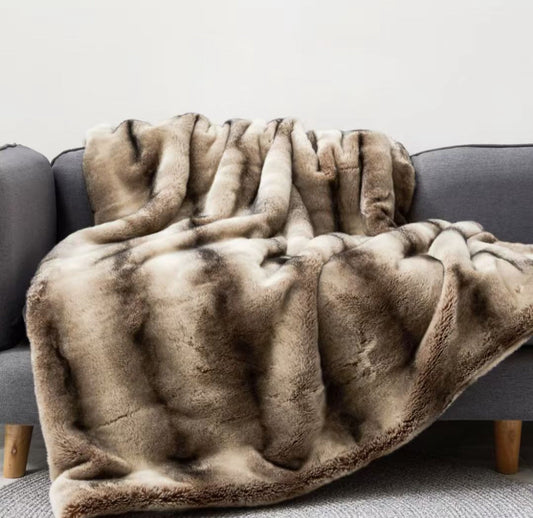 Bella Faux Fur Throw Blanket – Dark Brown & Beige, 60" x 80"