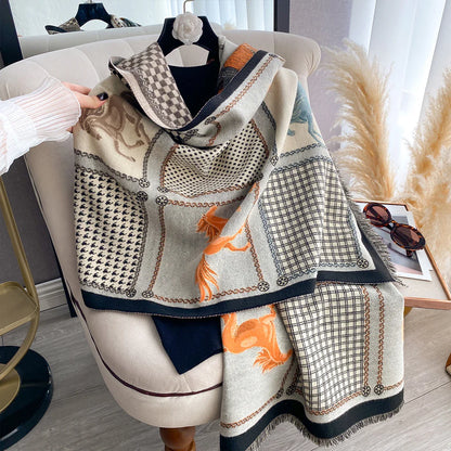 Women's Fashion Multi-Pattern Printed Scarf with Houndstooth Chain Accents and Animal Print Modern Shawl Wholesale