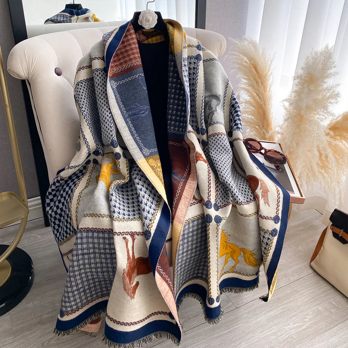 Women's Fashion Multi-Pattern Printed Scarf with Houndstooth Chain Accents and Animal Print Modern Shawl Wholesale