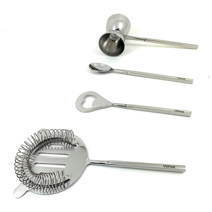 Vibhsa Bar Tools Accessories & Bartending Kit set of 4 for Home Bar (Silver)