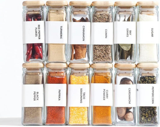 12-Piece Square Glass Spice Jars w/ Airtight Bamboo Lids