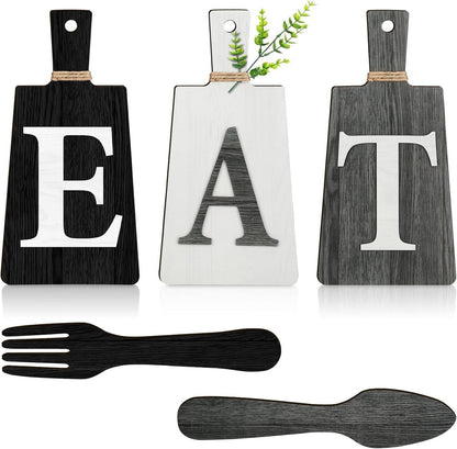 Wooden Kitchen Wall Decor Set 'EAT' with Fork and Spoon - Black, White, Gray