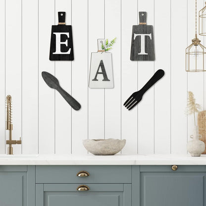 Wooden Kitchen Wall Decor Set 'EAT' with Fork and Spoon - Black, White, Gray