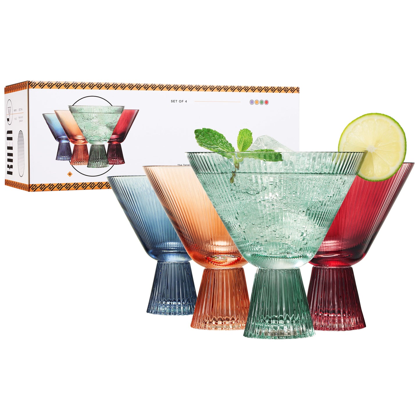 Tonal Ribbed Martini Cocktail Glassware, Set of 4