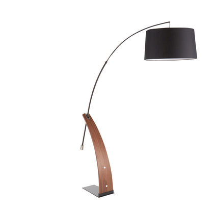 Mid-Century Modern Floor Lamp – Arched Walnut Wood Frame, Marble Base & Linen Drum Shade