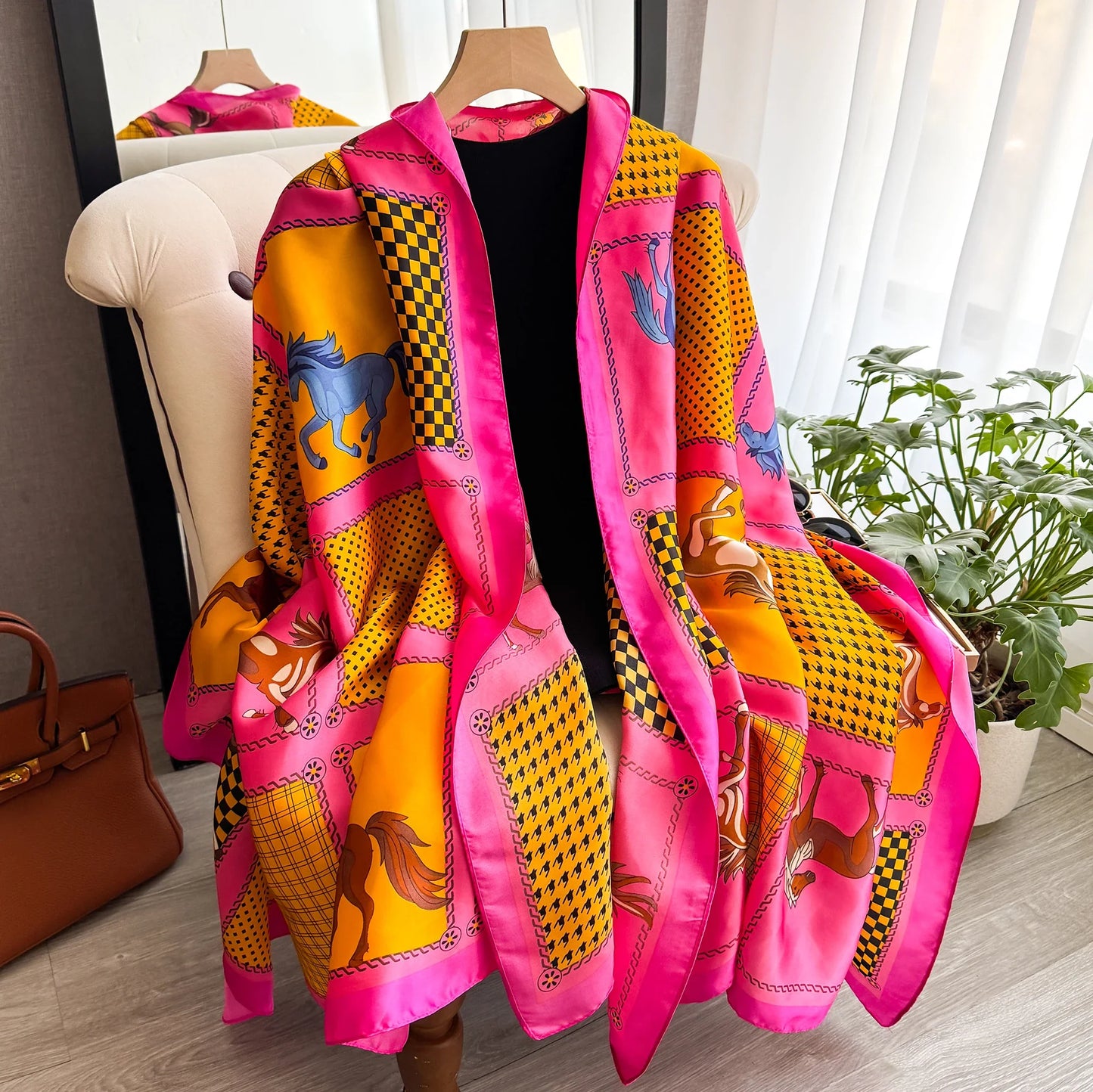 Women's 180x90cm Silk Scarf Luxury Soft Smooth Long Shawl Wrap Turban Fashion Accessory for Outdoor Beach Sunscreen