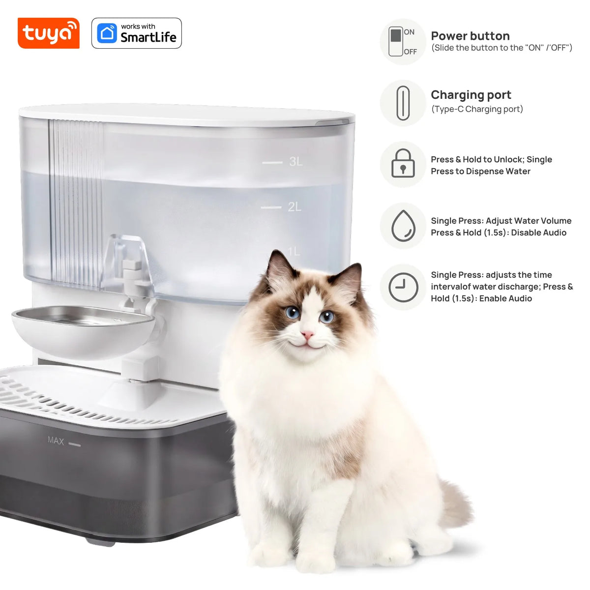 3L Timed Water Dispenser for Cats & Small Dogs, Automatic Pet Fountain,