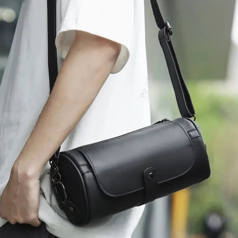 Retro Fashion Men's Crossbody Bags PU Leather Barrel-Shaped Shoulder