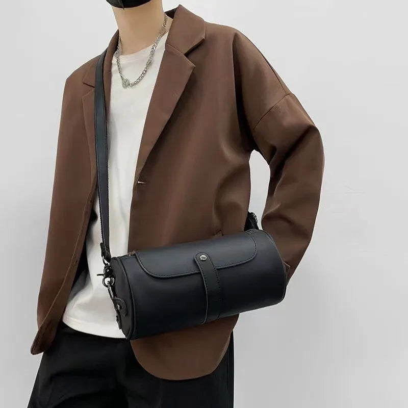 Retro Fashion Men's Crossbody Bags PU Leather Barrel-Shaped Shoulder