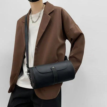 Retro Fashion Men's Crossbody Bags PU Leather Barrel-Shaped Shoulder