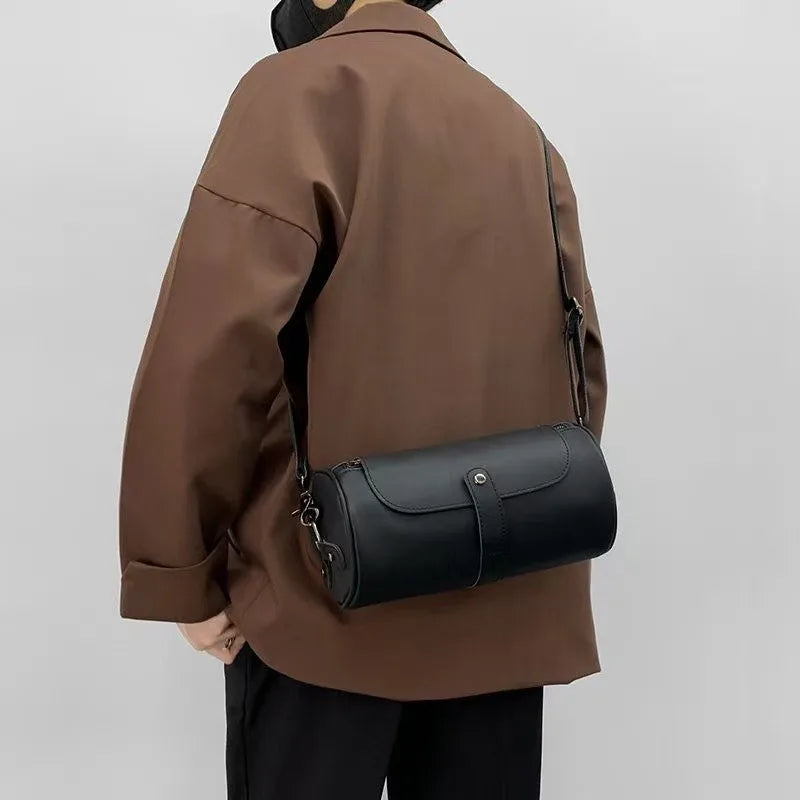 Retro Fashion Men's Crossbody Bags PU Leather Barrel-Shaped Shoulder