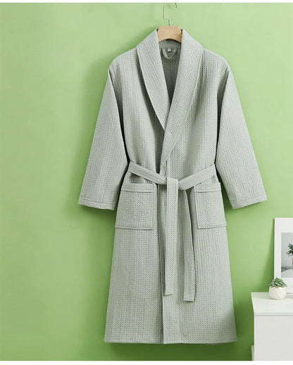 Solid Color Cotton Spring and Autumn Waffle Couples Mid-long Yukata Bathrobe Homestay Hotel Couple Soft Bathrobes