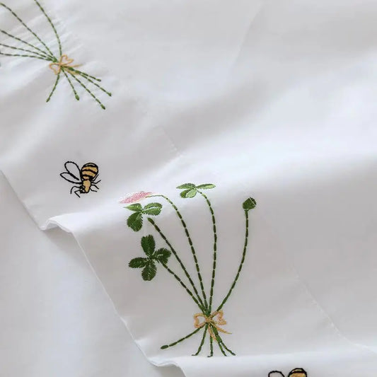 Pure White Embroidery Floral Flat Sheets 100% Cotton