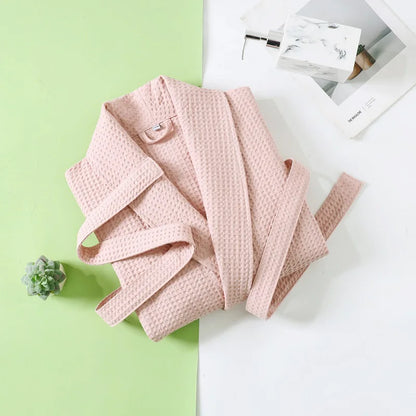 Solid Color Cotton Spring and Autumn Waffle Couples Mid-long Yukata Bathrobe Homestay Hotel Couple Soft Bathrobes