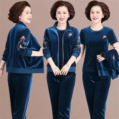 Women Spring Autumn Golden Velvet Set Casual Suit Embroidery Coat Straight Trousers 3-piece Sets