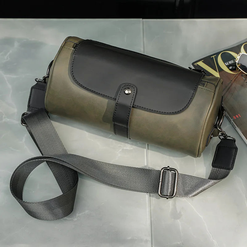 Retro Fashion Men's Crossbody Bags PU Leather Barrel-Shaped Shoulder