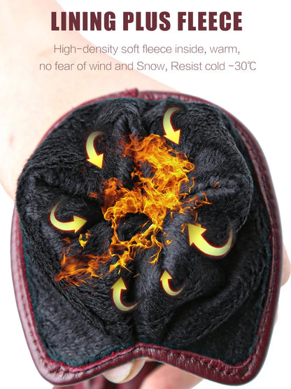 Women's Leather winter warm gloves with velvet thin touch screen