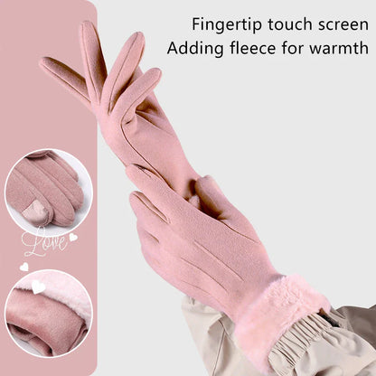 Women Winter Warm Suede Gloves Plus Velvet Thickened Cuff Outdoor Coldproof Touchscreen Riding Ski Gloves