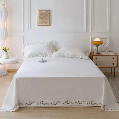 Pure White Embroidery Floral Flat Sheets 100% Cotton