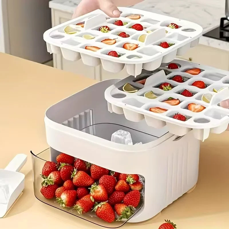 2-Layer Ice Cube Tray with Lid, Large Capacity & Space-Saving,