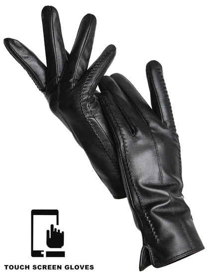 Women's Leather winter warm gloves with velvet thin touch screen