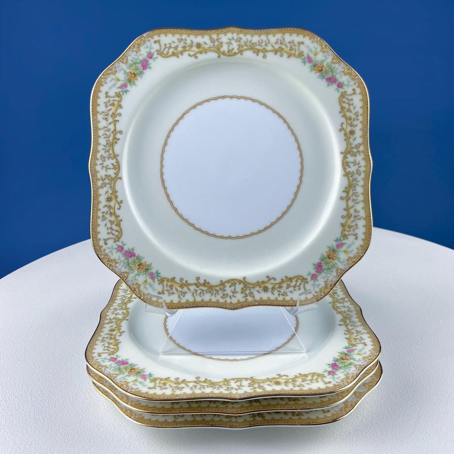 Tea Coffee Serving Set by Noritake, Elvira. 4 Porcelain Cups & Saucers, 4 Square Dessert Salad Plates. Hosting Essentials. Dining Room Decor