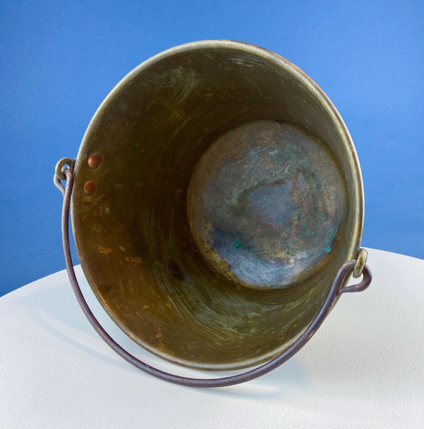 Antique Hand-Hammered Brass Bucket with Wrought Iron Handle: Rustic Farmhouse Decor