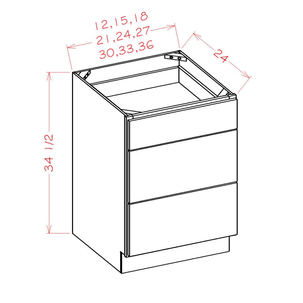 Rustic Hickory 18" 3-Drawer Base Cabinet