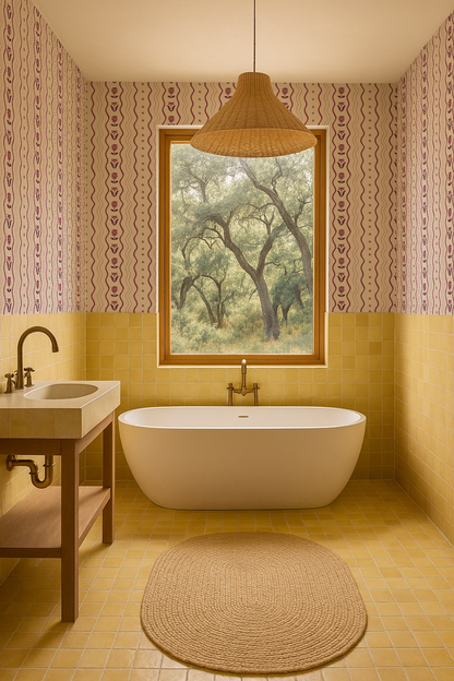 Posy Lane Stripe Wallpaper, beige and plum purple