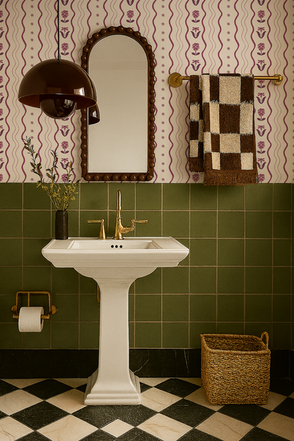 Posy Lane Stripe Wallpaper, beige and plum purple