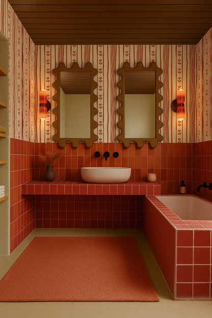 Daisy Chain Stripe Wallpaper, beige and brick red