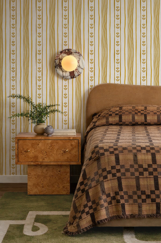 Daisy Chain Stripe Wallpaper, beige and yellow